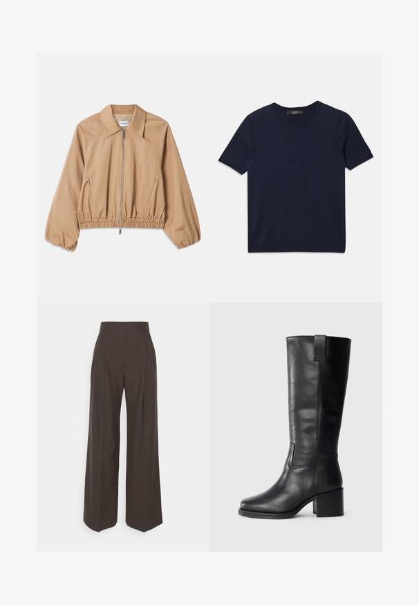 Tan lightweight jacket with a collared neckline, zip closure, elastic hem, and gathered sleeve cuffs. Smooth fabric with a minimal design.; Navy blue short-sleeve T-shirt made of soft fabric, featuring a round neckline and ribbed edges, smooth texture, and no visible patterns.; Dark brown wide-leg trousers with a high waist, featuring neatly pressed creases, smooth texture, and a tailored fit.; Black leather knee-high boots with a smooth texture, square toe, block heel, and side pull tab, featuring minimal stitching details.