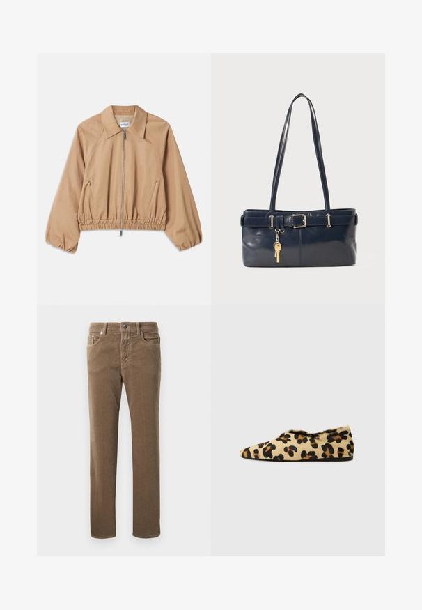 Bež lahka jakna s ovratnikom, zadrgo, elastičnim robom in nabranimi manšetami. Gladek material z minimalnim dizajnom.; Majica s dolgimi rokavi z modro-belim vodoravnim črtanjem, okroglim ovratnikom in oznako "CLOSED" na ovratniku, položena na belo ozadje.; Rjave kordurojske hlače ravne nogavice s sprednjimi žepi, zanko za pas in gumbom za zapiranje na belem ozadju.; Stanovanji leopardjega od tkanine iz mehkega krzna, z obliko konic in nizkim profilom. Naravne barve z črnimi akcenti.; Mornarska usnjena torbica z dvema dolgima ročajema, dodatkom z zaponko in pritrjeno ključavnico. Ima gladko teksturo in pravokotno obliko.