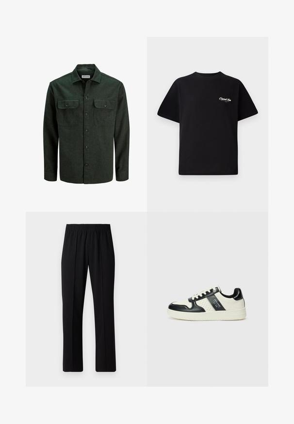 Tmavě zelená flanelová košile s dvěma náprsními kapsami, zapínání na knoflíky a špičatým límcem. Měkká textura a dlouhé rukávy, minimální hardwarové detaily.; Černé bavlněné tričko s kulatým výstřihem, krátkými rukávy a malým bílým logem na levé straně hrudi. Jednoduchý design, klasický střih.; Černé kalhoty s elastickým pasem a rovnými nohavicemi, s hladkým povrchem a bez viditelných vzorů nebo kovových doplňků.; Kožené tenisky s černobílou barevnou kombinací, které mají perforované detaily, polstrovaný límec a texturovanou podrážku.