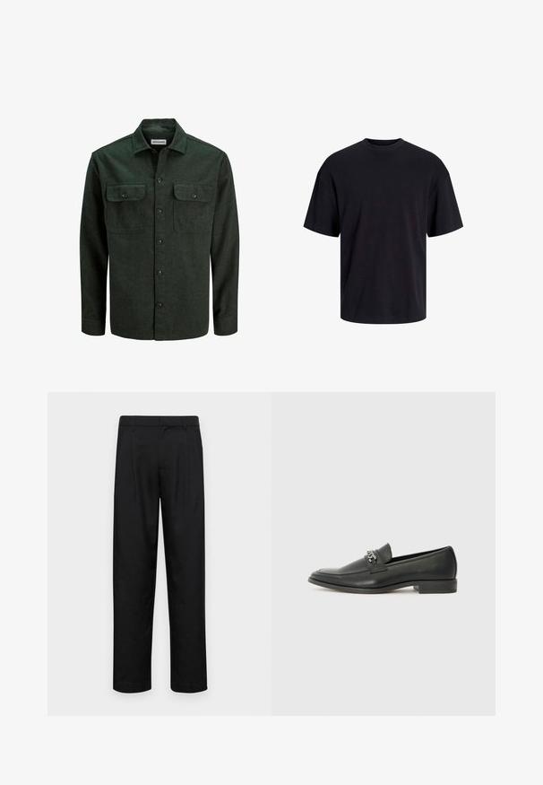 Mørkegrøn flannel skjorte med to brystlommer, knaplukning foran og spids krave. Blød tekstur og lange ærmer, minimal hardware.; Sort bomulds t-shirt med rund hals, korte ærmer og en afslappet pasform. Glat tekstur uden synlige mønstre eller accenter.; Sorte bukser lavet af glat stof, med et lige ben-design, to frontfolder og en standard talje med bæltestropper.; Sorte læder loafers med en glat finish, der har et syet design og et dekorativt metal kædeaccent hen over vamps. Flad hæl.