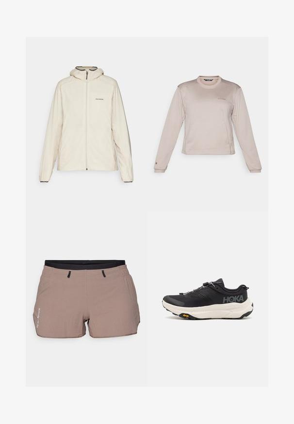 Gaišas krēma krāsas jakas ar rāvējslēdzēju, regulējamu kapuci, elastīgām piedurknēm un smalku zīmola logo kreisajā krūtī. Gluda tekstūra.; Ilgi piedurkņu gaismi brūns sporta krekls, izgatavots no teksturētas, elpojošas auduma, ar apaļu kakla izgriezumu un smalku logotipu uz krūtīm.; Beige šorti, kas izgatavoti no viegla materiāla, ar teksturētu rakstu, elastīgu jostu ar melniem akcentiem un divām sānu kabatām.; Melni sporta apavi ar elpojošu režģi augšdaļā, gumijas zoli, baltu amortizējošu starpzoli un atstarotājām šņorēm. Vibram logo uz zoles.