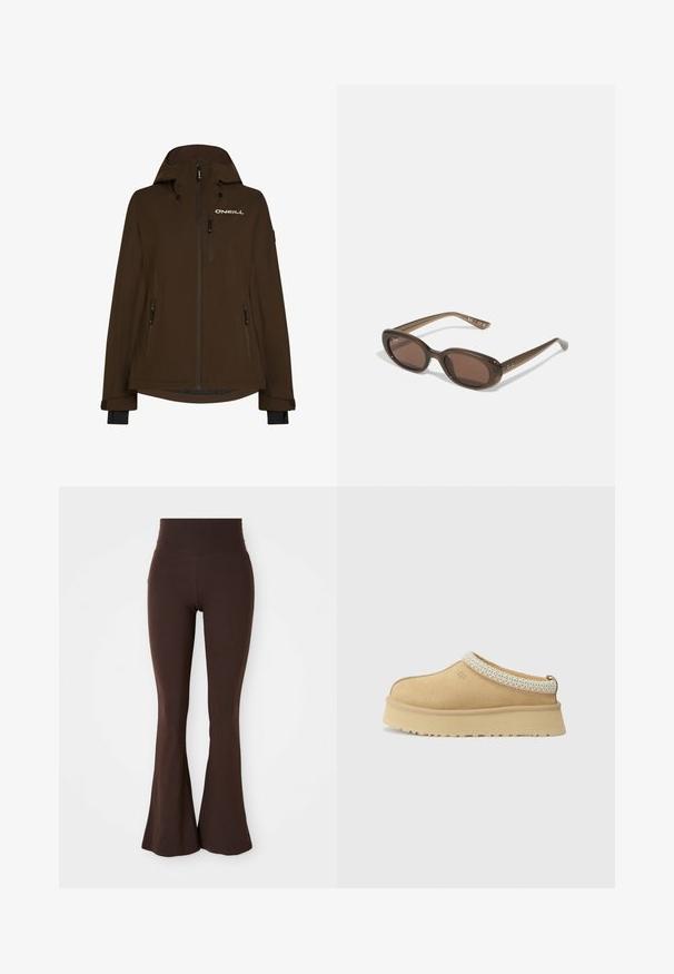 Veste imperméable marron avec capuche, dotée de plusieurs poches zippées et d'un logo sur la poitrine. Texture lisse et manches longues avec poignets.; Pull en tricot blanc avec un col en V et des manches longues. Présente un motif en losange texturé et un petit logo sur la poitrine gauche.; Top sans manches blanc avec bretelles réglables, design ajusté, texture de tissu lisse et encolure ronde. Aucun motif ni détail matériel.; Leggings évasés bruns en tissu doux et extensible, dotés d'une taille haute et d'une silhouette ajustée qui s'évasent au niveau de la cheville.; Chaussure slip-on en daim beige avec un col rembourré et un accent texturé bleu clair. Elle dispose d'une semelle extérieure épaisse et durable avec un profil de traction.; Lunettes de soleil ovales marron avec des verres foncés. La monture est en matériau transparent marron et comporte un logo imprimé sur les branches.; Sac fourre-tout tissé beige avec un design décontracté et une seule sangle pour l'épaule. Présente un motif texturé sur toute la surface.