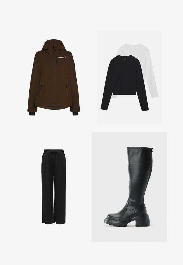 Braune wasserdichte Jacke mit Kapuze, die mehrere Reißverschlusstaschen und ein Logo auf der Brust hat. Glatte Textur und lange Ärmel mit Bündchen.; Zwei langärmelige Hemden: eines schwarz und eines weiß. Beide haben einen Rundhals, Raglanärmel und bestehen aus einem weichen Baumwollmischgewebe.; Schwarze, weite Hosen aus weichem Stoff, mit einem dehnbaren Bund und einer Kordel zum Verstellen der Passform. Keine Muster oder Akzente.; Hoher schwarzer Lederstiefel mit einer robusten Plateausohle und Blockabsatz, der über eine Zuglasche und ein strukturiertes Profil an der Außensohle verfügt.