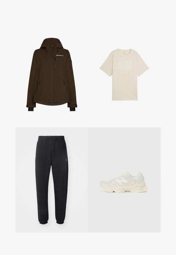 Chaqueta marrón impermeable con capucha, que cuenta con múltiples bolsillos con cremallera y un logo en el pecho. Textura suave y mangas largas con puños.; Camiseta de algodón beige con un corte relajado, que presenta un diseño gráfico blanco que dice "club deportivo PUMA" y un pequeño logo arriba.; Pantalones de chándal negros hechos de un material suave, con una cintura elástica, cordón y puños acampanados, con un sutil logotipo en el lateral.; Zapatilla ligera con parte superior de malla y ante en suaves tonos crema, con una suela gruesa y acentos tridimensionales.