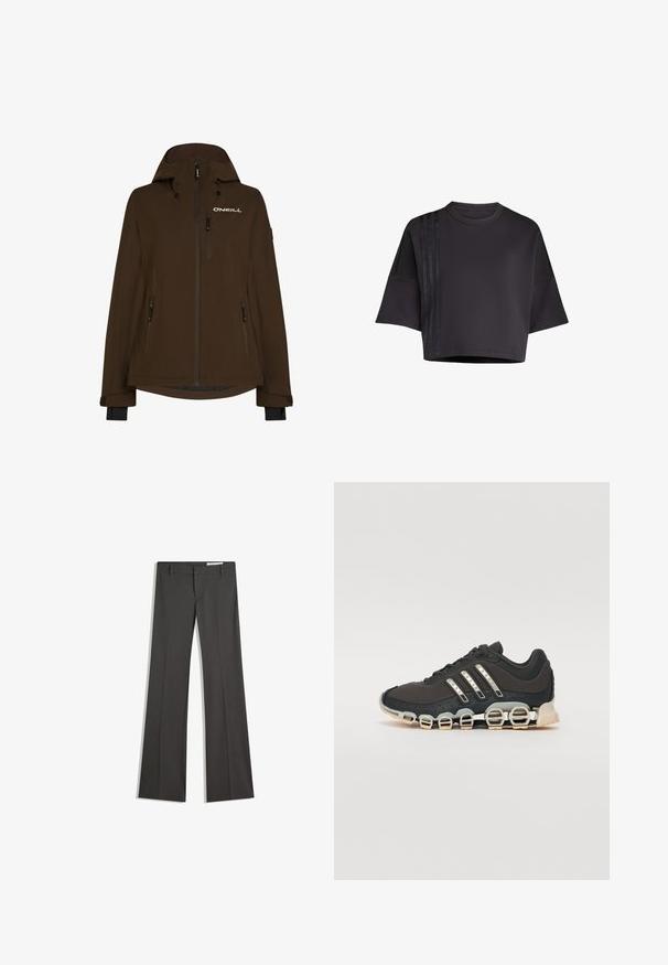 Giacca impermeabile marrone con cappuccio, dotata di numerose tasche con zip e un logo sul petto. Tessuto morbido e maniche lunghe con polsini.; Maglietta nera cropped con collo rotondo, maniche corte e larghe, caratterizzata da strisce verticali in raso sul lato sinistro. Tessuto liscio.; Pantaloni grigi a campana in un tessuto morbido, con vita piatta, passanti per la cintura e un design su misura con linee pulite.; Scarpa da ginnastica nera con tomaia testurizzata, tre strisce argentate e una suola ammortizzata distintiva con più sezioni integrate.