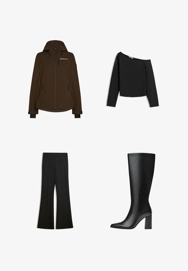 Brun vandtæt jakke med hætte, der har flere lynlåslommer og et logo på brystet. Glat tekstur og lange ærmer med manchetter.; Sort off-the-shoulder langærmet top, fremstillet af blødt stof. Har et cropped design med vid halsudskæring og tætsiddende ærmer.; Sorte udvidede bukser lavet af blødt stof, med en glat talje og fremtrædende lodrette sømme for ekstra detalje.; Sorte knæhøje støvler lavet af imiteret læder med spids tå, glat tekstur og en chunky blokhæl. Minimalistisk design uden synlige detaljer.
