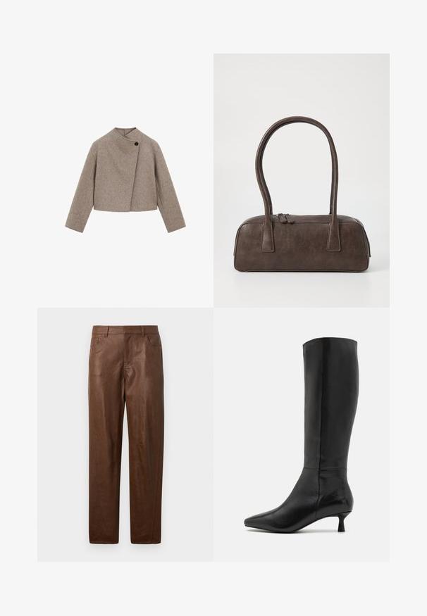 Korte jas van een bruin wolmix met een hoge kraag, asymmetrische voorkant, enkele zwarte knoopsluiting en lange mouwen. Zachte textuur.; Zwarte coltrui van ribstof. Lange mouwen, aansluitend ontwerp en een iets relaxte zoom zonder zichtbare patronen of hardware.; Bruine leren broek met een gladde textuur, rechte pijpen en twee zijzakken. Bevat zichtbare stikdetails.; Zign Laarzen - black; Bruine leren handtas met twee stevige handvatten, rechthoekige vorm, gladde textuur en ritssluiting. Minimalistisch ontwerp zonder zichtbare patronen.