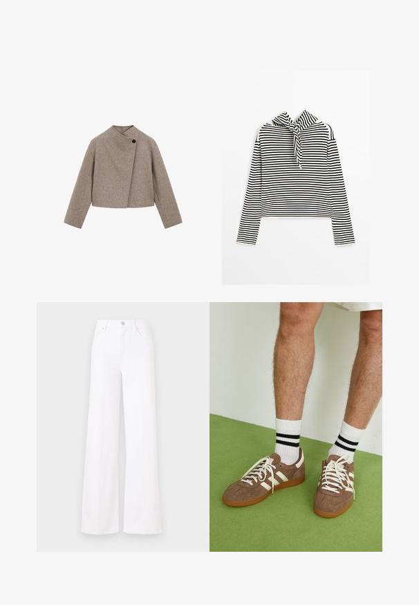 Brązowa cropped kurtka z mieszanki wełny z wysokim kołnierzem, asymetrycznym przodem, pojedynczym czarnym zapięciem na guzik i długimi rękawami. Gładka faktura.; Massimo Dutti - Sweter; Białe dżinsowe spodnie w szerokim kroju, z wysokim stanem, z przodem na guziki i czterema kieszeniami. Gładka faktura bez widocznych wzorów.; Brązowe zamszowe sneakersy z białymi akcentami i sznurówkami. Gumowa, brązowa podeszwa. Noszone z białymi skarpetkami w czarne paski. Zielona teksturowana podłoga.