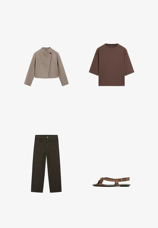 Braune Wollmischung, taillierte Jacke mit hohem Kragen, asymmetrischer Vorderseite, einem schwarzen Knopfverschluss und langen Ärmeln. Glatte Textur.; Braunes, kurzes T-Shirt mit rundem Halsausschnitt, kurzen Ärmeln und einer weichen Textur. Entworfen mit einem lässigen Schnitt und minimalen Details.; Dunkelgrüne Jeans im weit geschnittenen Style, hergestellt aus einem Baumwollgemisch. Sie verfügen über einen Frontknopfverschluss, fünf Taschen und klassische Denim-Nähte.; Braune Leder-Sandale mit offener Zehenpartie und seitlichen Ausschnitten. Sie verfügt über einen Knöchelriemen mit einer metallischen Schnalle und eine flache Sohle.