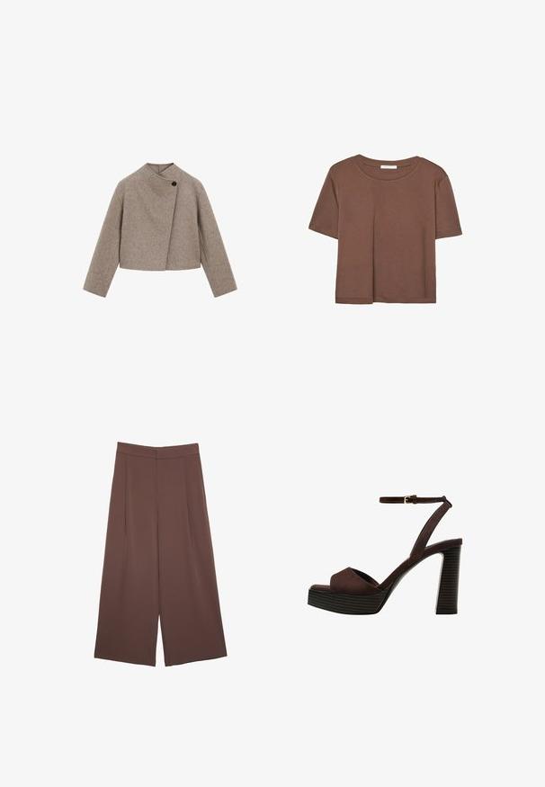 Veste cropped en mélange de laine marron avec un col haut, un devant asymétrique, un seul bouton noir, et des manches longues. Texture lisse.; T-shirt marron à manches courtes en tissu doux, avec un col rond et une coupe décontractée. Aucun motif ni accent visible.; Pantalons larges marron avec une texture lisse, dotés d'une taille haute et de plis à l'avant. Le tissu est léger et tombe de manière fluide.; Sandale à talons hauts en suede marron avec un bout ouvert, une bride de cheville réglable et une semelle de plateforme rayée.