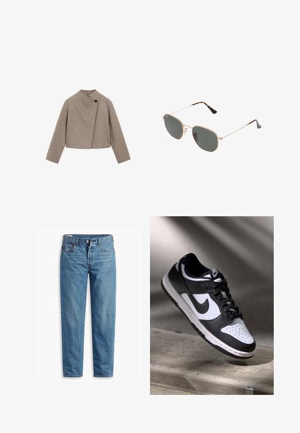 Brun uldblandet cropped jakke med høj krave, asymmetrisk front, enkelt sort knaplukning og lange ærmer. Glat tekstur.; Hvid langærmet top med bred rund halsudskæring, sideslids og et glat, let stof, der har et simpelt, minimalistisk design.; Blå denimjeans med lige ben, der har lynlås i gylpen, to forlommer og subtil falming over stoffet.; Sorthvid Nike Dunk Low sneakers med læderoverdel, perforeret tåboks og sorte snørebånd, udstyret med en hvid sål og logo accenter.; Guldmetallisk brille med mørkegrønne linser, aviator-stil, med slanke arme og skildpadde-mønstrede detaljer på spidserne.