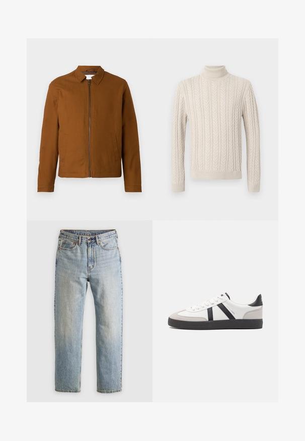 Braune, leichte Jacke mit Kragen, vollem Frontreißverschluss und zwei seitlichen Taschen. Glatte Textur und taillierte Form.; Beige, gestrickter Pullover mit hohem, geripptem Rollkragen. Er verfügt über ein strukturiertes Zopfmuster sowie gerippte Bündchen und Saum, was ein gemütliches Erscheinungsbild bietet.; Helle blaue Jeans mit hoher Taille, Frontknopf, Reißverschluss und fünf Taschen-Design, flach auf einem neutralen Hintergrund ausgelegt.; Weiße Sneaker mit schwarz- und grau-aczenten, ausgestattet mit einer strukturierten grauen Zehenkappe, schwarzer Gummi-Sohle und flachen weißen Schnürsenkeln. Sauberes Design, minimalistische Stil.