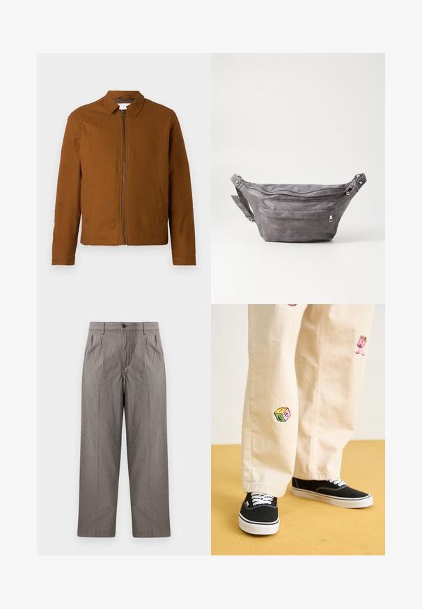 Ruskea kevyt takki, jossa on kaulus, täysi etuvetoketju ja kaksi sivutaskua. Sujuva pinta ja muotoiltu malli.; Tummanvihreä huppari, joka on valmistettu pehmeästä kankaasta. Hupparissa on kengurupocket, nyörit sekä valkoinen teksti-logo vasemmassa rintakehässä.; Harmaita ruudullisia suoria haalareita, joissa on laskokset, napilla suljettava vyötärö ja sivutaskut.; Beige puuvillahousut leikkisillä brodeeratuilla kuvioilla, mukaan lukien vaaleanpunainen hahmo ja värikäs lohko, yhdistettynä mustiin nauhakengiin.; Harso harmaa samettinen vyölaukku pyöreällä muotoilulla, kahdella vetoketjullisella osastolla ja säädettävällä hihnalla. Varustettu metallisilla varusteilla.