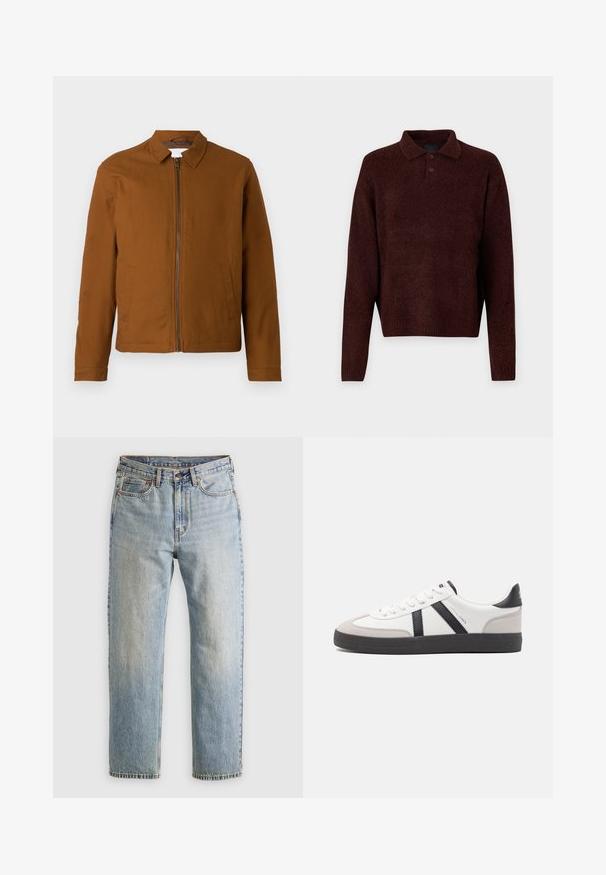 Pruun kerge jakk, millel on krae, täispikk tõmblukk ja kaks küljetaskut. Sile tekstuur ja kohandatud kuju.; Pruun kudumiga pehme pullover, millel on polo kaelus, kolm nuppu kaela juures ja pikad varrukad. Pehme tekstuur, ribidega mansetid ja äär.; Heledad hele sinine teksapükste kõrge vöökoht, ees nupuga, lukuga ja viie taskuga disain, asetatud tasasele neutraalsele taustale.; Valged tossud mustade ja hallide aktsentidega, tekstureeritud halli varbakattega, musta kummitald ja lamedad valged paelad. Puhtad jooned, minimalistlik stiil.