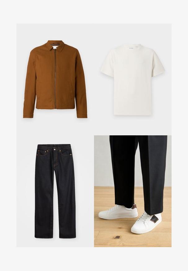 Bruine lichtgewicht jas met een kraag, volledige rits aan de voorkant en twee zijzakken. Gladde textuur en getailleerde vorm.; Witte korte mouwen T-shirt met ribbelstructuur. Ronde hals, ontspannen pasvorm, geen zichtbare patronen of accenten. Eenvoudig en veelzijdig ontwerp.; Heren straight-leg zwarte denim jeans met vijf zakken en oranje stiksels, knoop- en ritssluiting op de voorkant van de tailleband.; Witte sneakers met een gladde textuur, voorzien van bruine lederen accenten en zwarte details, gecombineerd met zwarte maatpakken. Achtergrond van houten vloeren.