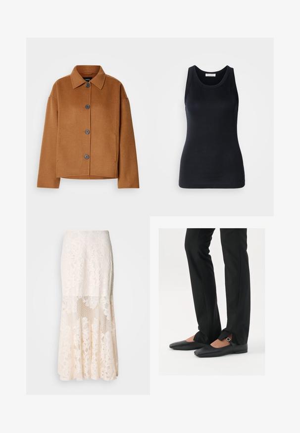 Brun ullblandingsjakke med klassisk krage, store frontknapper og en firkantet passform. Har sidelommer og en myk, teksturert finish.; Svart tanktopp laget av myk, elastisk stoff. Har rund halsutskjæring og brede skulderstropper, med en tettsittende silhuett og jevn tekstur.; Blomsterbroderi midi skjørt i krem; har lagd design med gjennomsiktige seksjoner, teksturert blonde og flared kant.; Svart skinnballett-sko med spiss tå, stropp med sølvspenne, kombinert med svarte skreddersydde bukser med splitt i kanten.