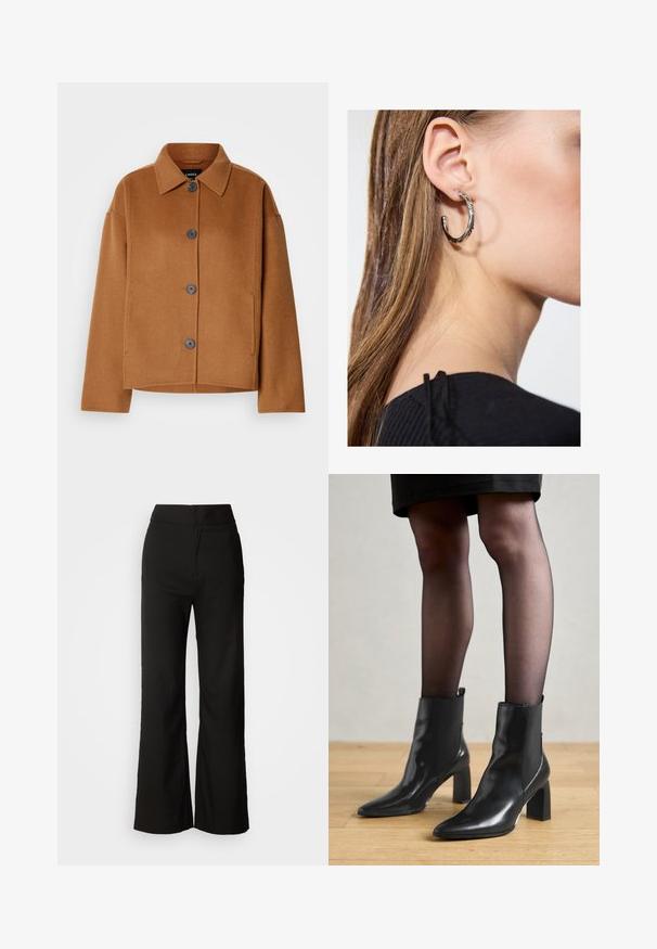 Giacca in misto lana marrone con colletto classico, grandi bottoni frontali e vestibilità ampia. Presenta tasche laterali e una finitura morbida e testurizzata.; Top nero senza maniche realizzato in un tessuto morbido e elasticizzato. Caratterizzato da un collo rotondo e spalline larghe, con una vestibilità aderente e una superficie liscia.; Pantaloni neri a gamba larga con texture liscia, vita alta e design semplice. Nessuna tasca visibile o decorazioni.; Stivaletti neri in pelle con punta affusolata, tacco quadrato imponente e design elegante. Dotati di pannelli laterali elasticizzati per una facile vestibilità.; Orecchino a cerchio in argento con finitura lucida, caratterizzato da piccoli dettagli in oro e una forma tondeggiante, indossato sul lobo.