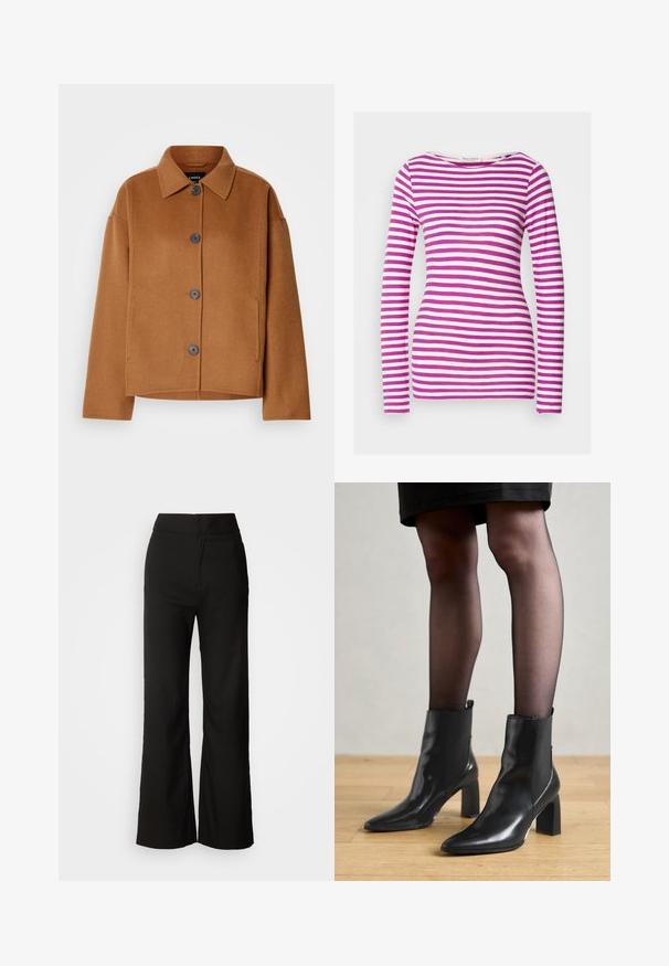 Bruine wolmix jack met een klassieke kraag, grote voorknopen en een recht model. Heeft zijzakken en een zachte, gestructureerde afwerking.; Langsleeve T-shirt met een getailleerde pasvorm, gemaakt van zachte katoen. Heeft horizontale roze en witte strepen en een brede halslijn.; Zwarte wijde broek met een gladde textuur, hoge taille en een strakke uitstraling. Geen zichtbare zakken of versieringen.; Zwarte leren enkellaarsjes met een spitse neus, stevige vierkante hak en een fraaie uitstraling. Beschikt over elastische zijpanelen voor gemakkelijke aan- en uittrekken.