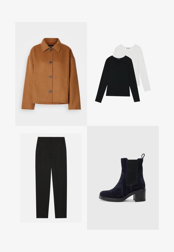 Chaqueta de mezcla de lana marrón con un cuello clásico, grandes botones frontales y un corte rectangular. Cuenta con bolsillos laterales y un acabado suave y texturizado.; Dos camisetas de manga larga, una negra y otra blanca, ambas con escote cuadrado y confeccionadas en un tejido suave y elástico.; Pantalones negros con un diseño ajustado, que cuentan con bolsillos laterales y pierna recta. Fabricados con una tela suave y liviana con un acabado elegante.; Botín de ante azul marino con panel lateral elástico, puntera redondeada y tacón de bloque. La tela texturizada y la suela lisa añaden contraste.