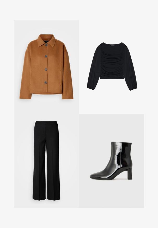 Bruine wolmix jack met een klassieke kraag, grote voorknopen en een recht model. Heeft zijzakken en een zachte, gestructureerde afwerking.; Zwarte longsleeve top met geplooid stofdetail aan de voorkant en bij de polsen, gemaakt van zachte, rekbare stof met een barco neckline.; Zwarte wijde broek van een gladde stof, met een hoge taille, nauwkeurig gestikte naden en een minimalistisch ontwerp. Geen zichtbare hardware of zakken.; Zwarte gepolijste leren enkellaars met een spitse neus en een blokhak van gemiddelde hoogte. Glad textuur en minimalistisch ontwerp.