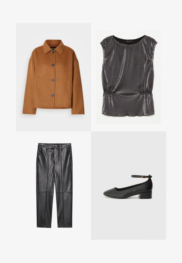 Jachetă din amestec de lână de culoare marron, cu guler clasic, butoane mari în față și o croială dreptunghiulară. Prezintă buzunare laterale și o textură moale.; Top metalic negru fără mâneci, cu un design plisat, gât rotund și tiv strâns. Eticheta brandului "ANNA FIELD" este vizibilă în interior.; Pantaloni din piele neagră cu o textură netedă, având o croială dreaptă, două buzunare frontale și detalii vizibile ale cusăturilor.; Pantof cu toc negru din piele, cu vârf ascuțit și toc mic pătrat. Dispune de o curea la gleznă cu o cataramă în tonuri de aur. Textură netedă.