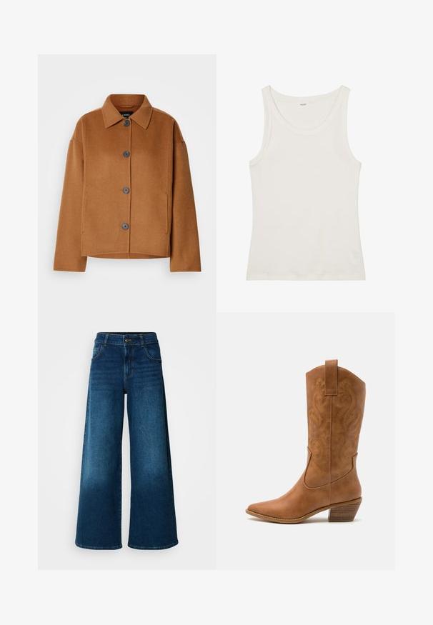 Veste en mélange de laine marron avec un col classique, de grands boutons à l'avant et une coupe carrée. Dispose de poches latérales et d'une finition douce et texturée.; Débardeur en coton blanc avec un col large et de fines bretelles. Texture lisse sans motifs ni embellissements visibles.; Jean large en denim bleu foncé. Doté d'une taille haute, d'une fermeture à bouton et d'un design classique à cinq poches avec une légère décoloration.; Bottes de cow-boy en cuir tan avec un bout pointu, des motifs en spirale brodés sur la tige, et un talon bloc empilé. Équipées d'une languette pour un enfilage facile.