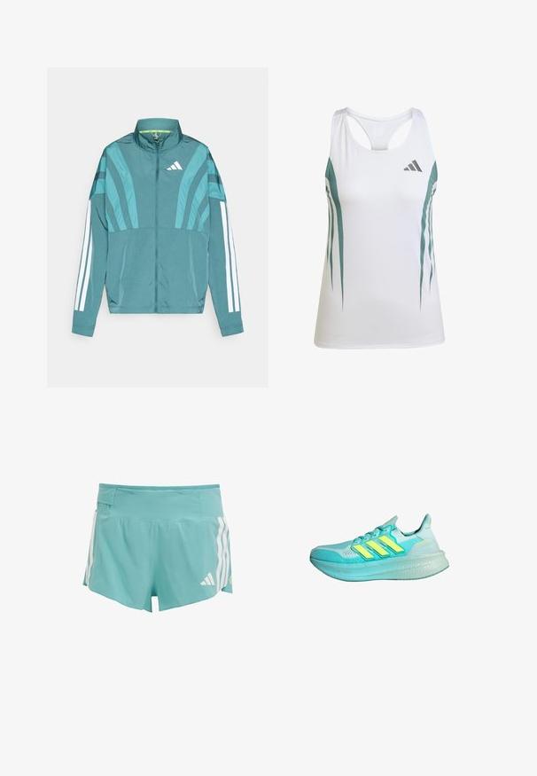 Veste de sport teal avec fermeture éclair sur le devant, col montant, trois bandes blanches sur les manches et des détails de design superposés. Tissu léger.; Débardeur de sport blanc avec des accents teal et un motif géométrique. Présente un dos nageur et un tissu léger et texturé.; Shorts de sport bleu clair avec un tissu texturé, des rayures blanches sur les côtés et une poche à la taille pour le rangement. Convient pour les activités sportives.; Baskets de sport bleu clair avec une tige texturée, trois bandes jaunes, un col rembourré et une semelle épaisse et amortissante.