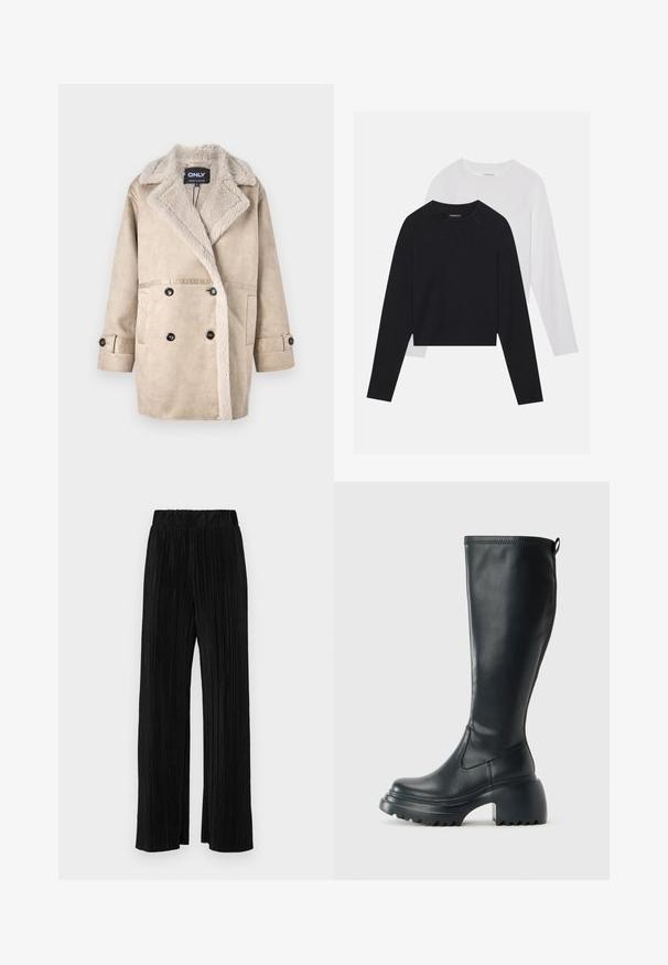 Beige divreizējais mētelis ar pūkainu apkakli, izgatavots no mīksta materiāla. Ietver priekšējās kabatas un melnas pogu akcentus.; Divas garām piedurknēm krekli: viens melns un viens balts. Abiem ir apaļa izgriezne, raglanu piedurknes un mīksta kokvilnas maisījuma audums.; Melni plīšu bikses ar elastīgu jostu. Tām ir platākas kājas un gluda, teksturēta auduma ar vertikālām svītrām.; Augstas melnas ādas zābakus ar masīvu platformu un bloka papēdi, ar vilkšanas cilpu un strukturētu profilu uz ārējā zoles.