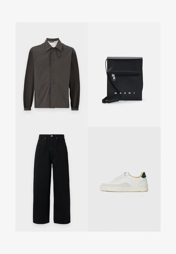 Mørkegrå jakke lavet af letvægtsmateriale, med kravehals, trykknapper og elastiske manchetter for en tætsiddende pasform.; Beige turtleneck sweater lavet af blødt strikstof. Har lange ærmer og en tætsiddende pasform. Ribbet kant og krave. ; Sorte brede bukser lavet af bomuld, med høj talje, forlommer, sølvfarvet knap og ren kant.; Hvide sneakers med ruskindsdetaljer, rund tå, flade snørebånd og en cremet gummisål. Har grøn branding på hælen.; Sort læder crossbody taske med en lynlåslomme foran, præget logo og justerbar rem. Glat tekstur med en struktureret form.