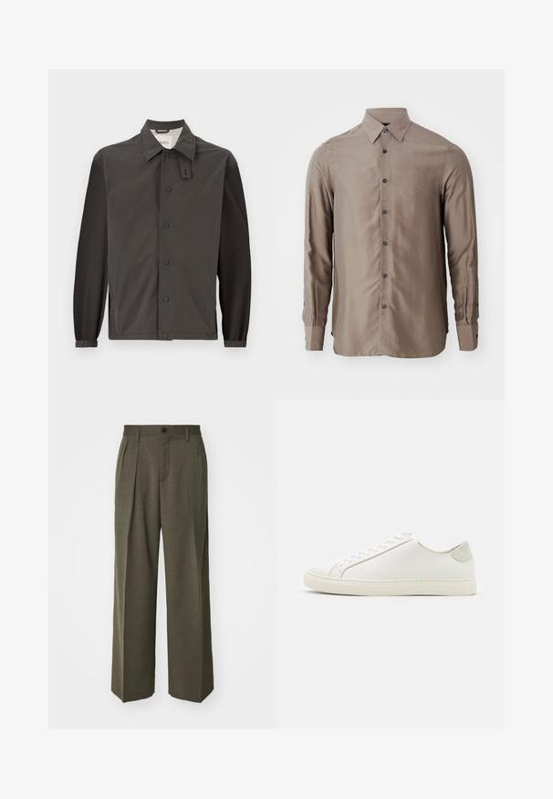 Ciemnoszara kurtka wykonana z lekkiego materiału, z kołnierzem, zatrzaskami i elastycznymi mankietami dla dopasowanego wyglądu.; Koszula z długim rękawem w kolorze taupe, wykonana z gładkiego materiału, z zapięciem na guziki z ciemnymi guzikami oraz małym logo na klatce piersiowej.; Filippa K - Spodnie materiałowe; Białe skórzane sneakersy o gładkiej powierzchni, okrągłym nosku i minimalistycznym wzornictwie. Zawierają beżowe akcenty na pięcie oraz gumową podeszwę.