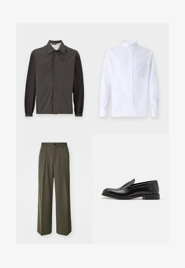 Tumedast hallist kerge materjalist jakk, millel on kraega kaelus, nööbid ja elastsed mansetid, mis tagavad sobiva välimuse.; Valge pikamaa varrukatega nööbiga särk, mis on valmistatud puuvillast ja millel on rinna tasku toon-toonis brodeeringuga, krae ja nööbiga mansetid.; Filippa K WIDE TROUSERS - Püksid - driftwood; Mustad mustad nahast loafers sileda tekstuuriga, ümarat ninaosa ja dekoratiivne riba vampi üle. Madal kihiline konts, minimalistlik disain.