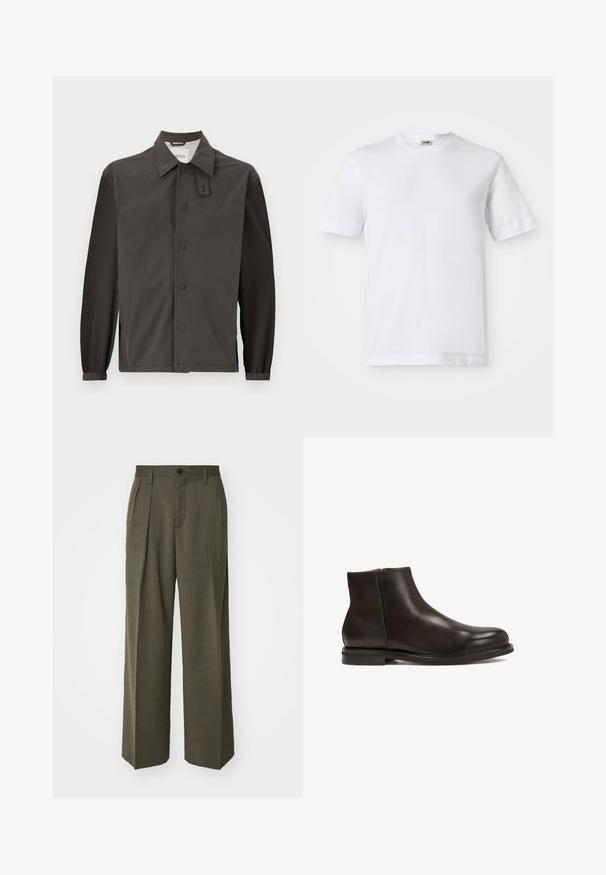 Mørkegrå jakke lavet af letvægtsmateriale, med kravehals, trykknapper og elastiske manchetter for en tætsiddende pasform.; Hvid bomulds t-shirt med korte ærmer, rund halsudskæring og en glat tekstur. Ingen mønstre eller detaljer er synlige.; Filippa K WIDE TROUSERS - Bukser - driftwood; Sort læder ankelstøvle med en glat tekstur, rund tå og lav hæl. Har en side lynlås for nem påtagning.