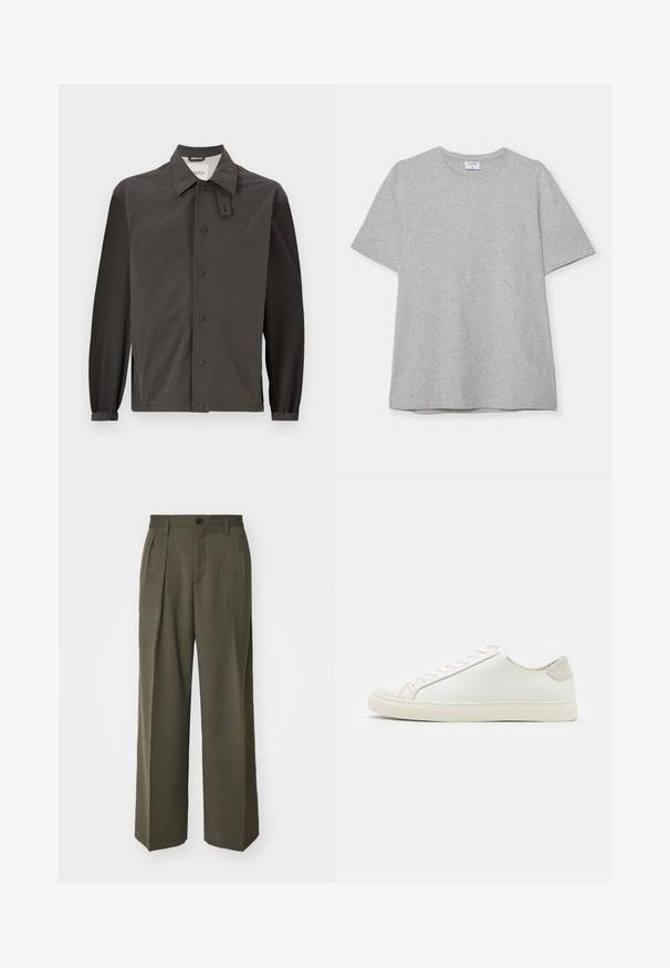 Dark gray jacket made from lightweight material, featuring a collared neckline, snap buttons, and elastic cuffs for a fitted look.; Gray short-sleeve T-shirt made from soft, textured fabric. Features a classic crew neck and a straight hem, suitable for casual wear.; Filippa K WIDE TROUSERS - Trousers - driftwood; White leather sneaker with a smooth surface, round toe, and minimalistic design. Features beige accents on the heel and a rubber sole.