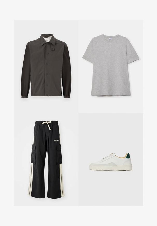 Casaco cinza-escuro feito de material leve, com um decote com gola, botões de pressão e punhos elásticos para um ajuste mais justo.; T-shirt cinza de mangas curtas feito de um tecido macio e texturizado. Possui um colarinho clássico redondo e uma bainha reta, adequado para uso casual.; Calças cargo pretas com cintura elástica e cordão, apresentam riscas laterais creme, vários bolsos e detalhe de logótipo à frente.; Tênis brancos com detalhes em camurça, bico arredondado, atacadores planos e sola de borracha creme. Apresenta uma marcação verde no calcanhar.