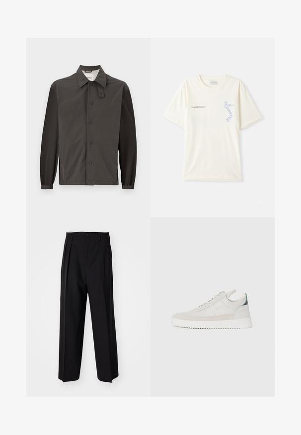 Temno siva jakna iz lahkega materiala, s ovratnikom, zaponkami na pritisek in elastičnimi manšetami za prilegajoč videz.; Bela bombažna majica s kratkimi rokavi, na kateri je na prsih napisan tekst "United By Rhythm" v črni in modri grafiki. Oblika z okroglim ovratnikom.; Črne nabirane hlače s ravnim, širokim krojem. Narejene so iz gladkega materiala in imajo zadrgo ter pasne zanke.; Beli usnjeni športni čeveljčki z sivo alkantaro, z vezalkami, z ježkom in teksturiranim gumijastim podplatom s cik-cak vzorcem.