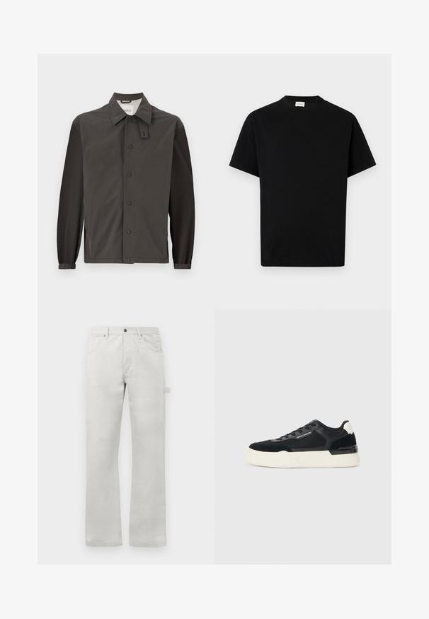 Casaco cinza-escuro feito de material leve, com um decote com gola, botões de pressão e punhos elásticos para um ajuste mais justo.; T-shirt de algodão preto com decote redondo, mangas curtas e corte reto. Sem padrões visíveis ou detalhes de metal.; Calças cinza claro com um corte reto, feitas de tecido de algodão suave, apresentando bolsos frontais e um bolso lateral tipo cargo.; Sapata preta feita de malha e couro, apresentando uma sola branca grossa e detalhes contrastantes. Cadarços e detalhe do logótipo na lateral.