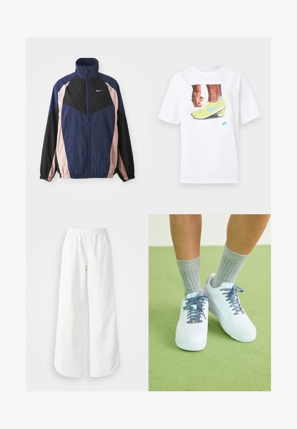 Ανεμοφράκτης με υψηλό γιακά, ελαφρύ ύφασμα και σχέδιο σε χρώματα ναυτικού μπλε, μαύρου και απαλή ροζ, με ελαστικούς καρπούς.; Λευκό βαμβακερό μπλουζάκι που απεικονίζει μια γραφική αναπαράσταση ποδιών με κίτρινα παπούτσια Nike και μπλε λεπτομέρειες, συνδυασμένο με ένα βραχιόλι στον αριστερό καρπό.; Λευκό αθλητικό παντελόνι σε φαρδιά γραμμή με ραμμένο ζώνη και διακριτική λεπτομέρεια λογότυπου. Απαλή υφή με άνετη εφαρμογή και στενό στρίφωμα.; Λευκά δερμάτινα sneakers με μπλε λεπτομέρειες, σχέδιο με τρύπες στη μύτη και υφασμάτινα κορδόνια σε μπλε και λευκό, φορεμένα με γκρι ριμπ κάλτσες.