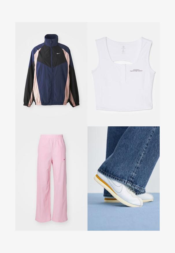 Casaco corta-vento com gola alta, tecido leve e design em blocos de cores em azul marinho, preto e rosa pálido, com punhos elásticos.; Top cropped branco feito de uma mistura de algodão. Apresenta um recorte em forma de chave nas costas e detalhes de logótipo preto impressos na parte da frente.; Calças rosa com cintura elástica e um corte descontraído. Apresentam um logo vermelho no lado esquerdo e uma textura suave e leve.; Tênis brancos de couro com detalhes amarelos, bico arredondado e sola de borracha texturizada, combinados com calças flare de denim azul escuro.
