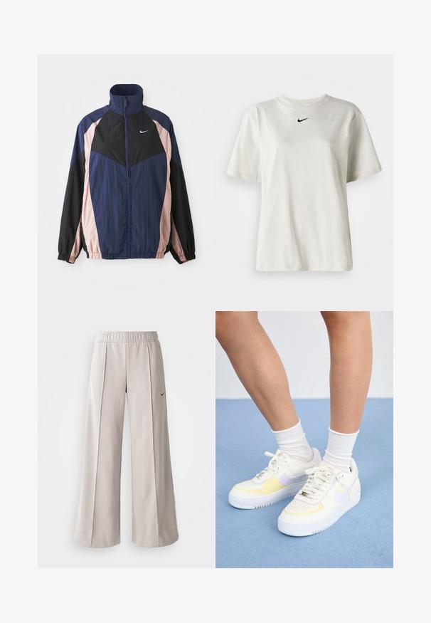 Windbreakerjas met hoge kraag, lichtgewicht stof en kleurblokkering in marineblauw, zwart en lichtroze, voorzien van elastische manchetten.; Witte katoenen t-shirt met een ronde halslijn en korte mouwen. Heeft een klein zwart Nike-logo op de borst. Eenvoudig en onopgesmukt ontwerp.; Lichtgrijze wijde broek van glad materiaal. Voorzien van een elastische tailleband en een zwart Nike-logo aan de linkerkant.; Witte leren sneakers met gele en lavendelkleurige accenten, ronde neus, platte veters en een textuurrubber zool. Gdraag met witte sokken.