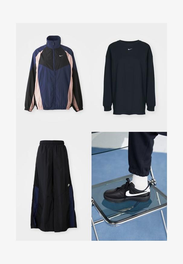 Tuulihaalaritakki, jossa on korkea kaulus, kevyt kangas ja väri-blokki muotoilu tummansinisessä, mustassa ja vaaleanpunaisessa sekä joustavat hihat.; Mustapaita, jossa on pitkät hihat ja pyöreä kaula-aukko, valmistettu puuvillasta. Rinnassa valkoinen Nike-logo. Pehmeä rakenne, yksinkertainen muotoilu.; Musta leveälahkeinen housu, joka on valmistettu kevyestä kankaasta. Housuissa on tummansininen sivupaneeli ja joustava vyötärö. Alhaalla on pieni valkoinen logo.; Mustat Nike-tennarit valkoisilla yksityiskohdilla, joissa on sileä nahkapinta, nauhakiinnitys ja pyöreä varvas, aseteltuna lasituolille.