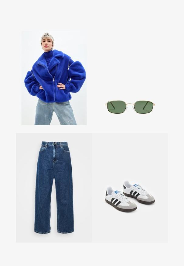 Plava jakna od umjetnog krzna s širokim ovratnikom, patentnim zatvaračem sprijeda i prevelikim rukavima. Nosena preko plave rolke i uparena s svijetlim trapericama.; Bijela bluzica s dugim rukavima, izrađena od glatke tkanine, s vezicom oko vrata i krojenim manžetama. Jednostavan, klasičan dizajn bez uzoraka.; Svijetloplave traper hlače širokog kroja s visokim strukom, vidljivim šavovima i standardnim džepovima. Imaju zatvaranje na gumb i patentni zatvarač.; Sportske cipele s gornjištem od bijele kože, sivi suedinasti nos i tri crne pruge. Imaju plavi logo na jeziku i teksturiranu gumenu podlogu.; Naočale s okvirom od zlatnog metala, zelenim staklima, pravokutnim oblikom i prozirnim plastičnim nosnim jastučićima. Tanke, vitke tempere s minimalističkim dizajnom.; Bordo kožna torba sa zakrivljenim oblikom, zlatnim detaljima i teksturiranom završnom obradom. Ima zatvaranje na patentni zatvarač i podesivu naramenicu.