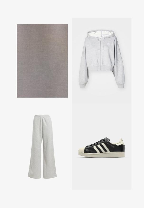 Touché Privé DOUBLE BREASTED - Trentšmantel - grey; Helehall hallitatud lühike kapuutsiga jakke, millel on tõmbluku kinnis ja reguleeritav kapuuts, vasakul rinnal valge logo ja ribidega mansetid. Pehme materjal.; Valge pikkade varrukatega pluus klassikalise kraega, ees nööbiga sulgemine ja kokkuvõetud külgedega detail. Sile kangas ja kohandatud lõige.; Hallid hallid dressipüksid laia jala disainiga, valmistatud pehmest puuvillaste materjalidest. Omavad elastset vöökohta ja minimiaalset kaunistust.; Must have nahkased mustad tossud valgete triipudega, kummist varbakattega, mustade paeltega ja kreemika värvusega tallaga. Sile tekstuur ja läikiv viimistlus.