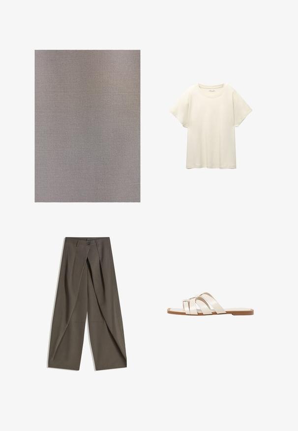 Touché Privé DOUBLE BREASTED - Trenčkot - grey; Svetlo béžové tričko s krátkym rukávom a okrúhlym výstrihom, vyrobené z jemnej, hladkej tkaniny. Má voľný strih a rovný lem.; Široké nohavice vyrobené z textúrovaného tmavošedého materiálu. Majú predný záhyb, zapínanie na gombík a bočné vrecká pre praktickosť.; Ploché sandále s hnedou gumovou podrážkou, navrhnuté s tromi prekrývajúcimi sa bielymi koženými popruhmi a malou mašličkou uprostred.