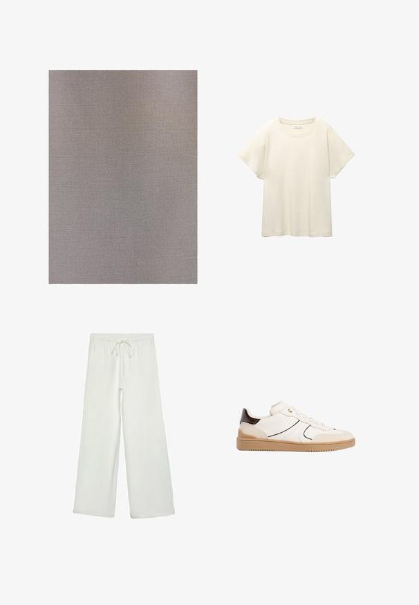 Touché Privé DOUBLE BREASTED - Trenchcoat - grey; Ljus beige kortärmad t-shirt med rund halsringning, tillverkad av mjuk, slät tyg. Har en avslappnad passform och rak nederkant.; Vita vida byxor i mjukt tyg. Har en elastisk midja med dragsko och en slät yta. Inga synliga mönster eller metalldetaljer.; Stradivarius Sneakers - white