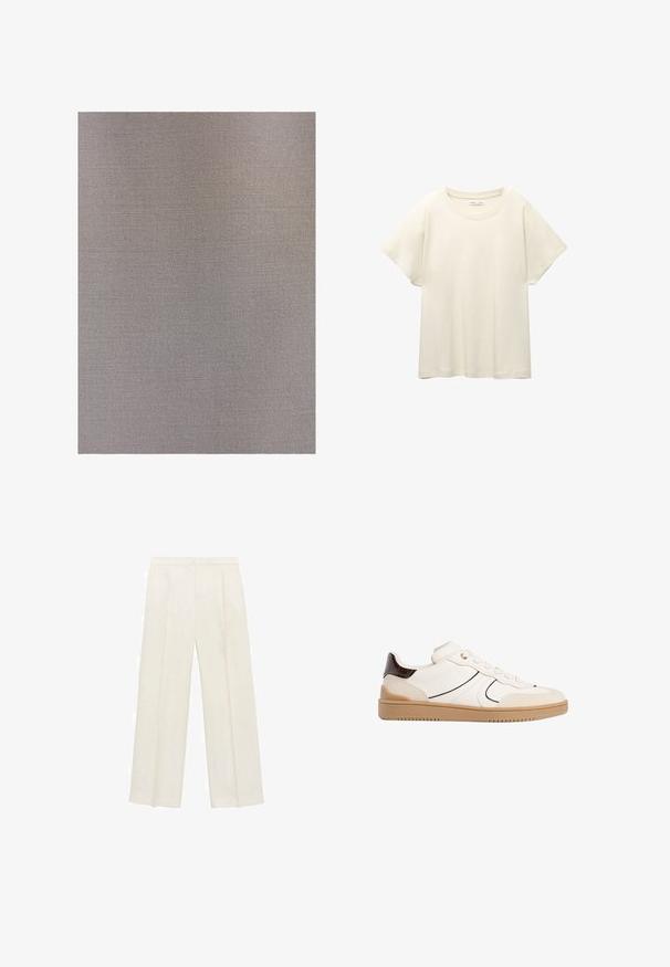 Touché Privé DOUBLE BREASTED - Kišni ogrtač - grey; Svijetlo bež majica kratkih rukava s okruglim izrezom, izrađena od meke, glatke tkanine. Karakterizira je opušteni kroj i ravni rub.; Hlače širokog kroja u svijetloj krem boji. Izrađene su od glatkog materijala s plisama sprijeda i bočnim džepovima.; Stradivarius Tenisice - white