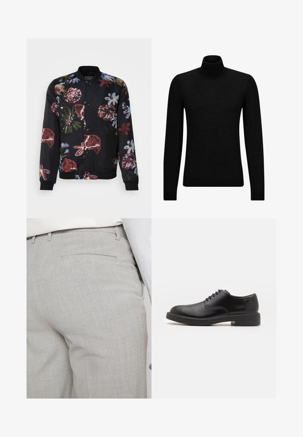 Crna bomber jakna s cvjetnim uzorkom koja sadrži živahne crvene, plave i zelene cvjetne uzorke, okrugli ovratnik i rebraste rukave i donji rub.; Crni dukserica s visokim ovratnikom, napravljena od mekanog materijala, s dugim rukavima i priljubljenim krojem. Rebrasti detalji na donjem rubu i rukavima. Jednostavan dizajn.; Svijetlosive krojene hlače od teksturiranog materijala, s jednim stražnjim džepom i čistim šavovima.; Crne kožne cipele s vezanjem i zaobljenim vrhom, glatke teksture, minimalnim šavovima i niskim gumiranim potplatom. Logo se nalazi na peti.