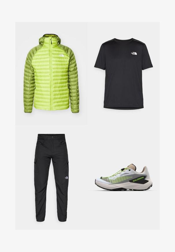 The North Face BETTAFORCA HOODIE - Dūnu jaka - meadow grass/oak green; Melnas īsām piedurknēm T-kreklas, izgatavots no viegla auduma. Uz kreisā krūtīm ir neliels balts logo un smalki plecu akcenti.; The North Face HORIZON PANT - Āra bikses - black; Salomon GENESIS - Krosa skriešanas apavi - white/oxford tan/green gecko