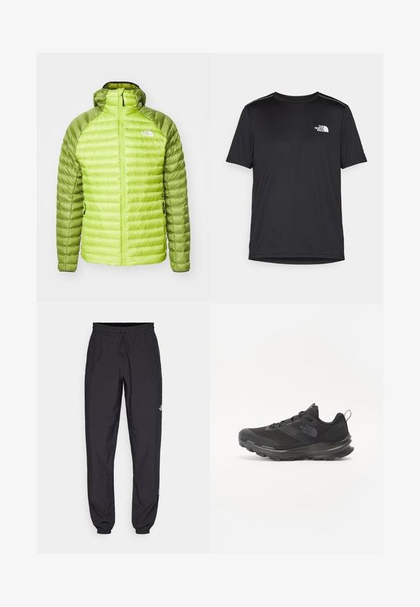 The North Face BETTAFORCA HOODIE - Pūkinė striukė - meadow grass/oak green; Juodas trumpas rankovės marškinėliai, pagaminti iš lengvos medžiagos. Yra mažas baltas logotipas kairiajame krūtinės pusėje ir subtilūs pečių akcentai.; Juodos sportinės kelnės, pagamintos iš lengvos medžiagos, su raišteliu liemens srityje, šoniniais kišenėmis ir siaurėjantys apykaklės prie kulkšnies.; Juodos sportinės bateliai su tinklelio viršumi, guminiais padu ir paminkštintu apykakle. Yra raišteliai, logotipas šone ir tekstūruotas dizainas.