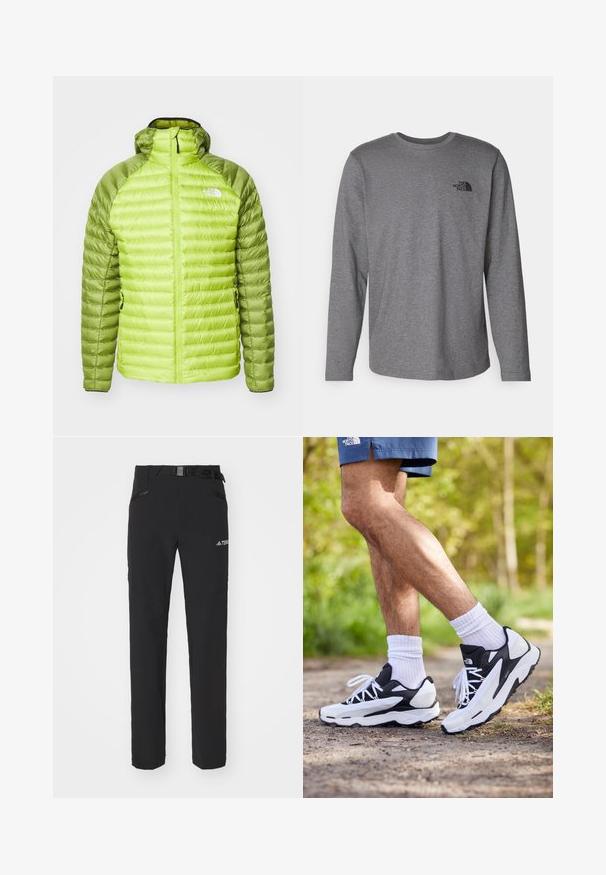 The North Face BETTAFORCA zielony; The North Face - Bluzka z długim rękawem; Czarne spodnie na zewnątrz z gładkiego materiału, boczne kieszenie na zamek, wzmocnione partie na kolanach oraz regulowany pas z klamrą.; Czarno-białe buty sportowe z siateczkową cholewką, teksturowanymi akcentami i białymi sznurówkami. Noszone z białymi skarpetkami do kostek i granatowymi szortami na ścieżce.