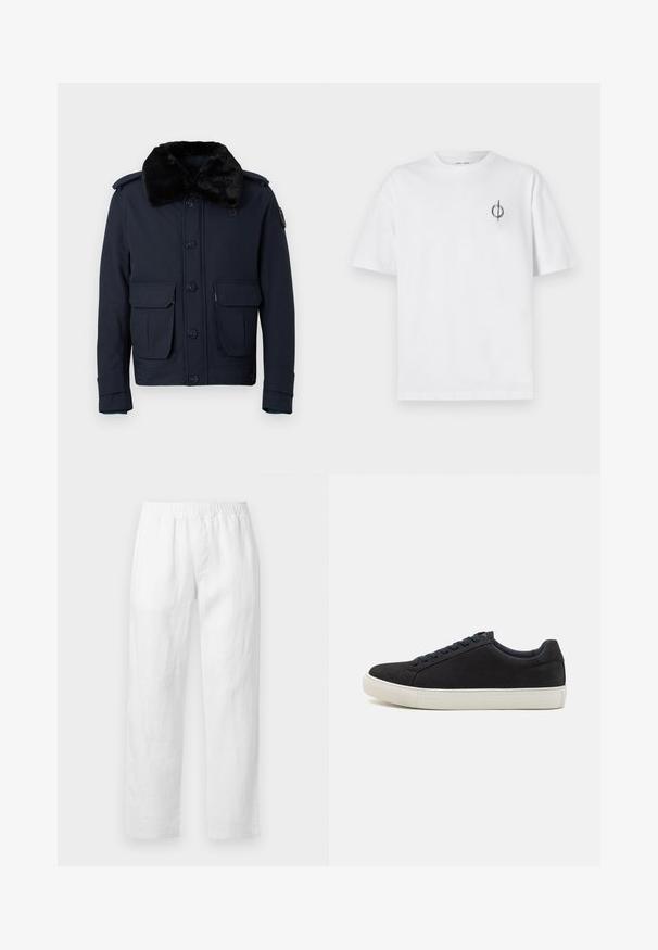 Tumed sinine jakk kunstseemisjaga kraega, nööpide kinnitamine ja kaks esipo pocketit. Omab õlavarre epauletti ja täiendavat detaili varrukal.; Valge puuvillane t-särk lõdva sobivusega, millel on vasakul rinnal väike must graafiline logo. Lühikesed varrukad, ümmargune kaelus.; Valged linased püksid, millel on elastne vöökoht, sirge säärejoon ja pehme tekstuur, ilma nähtavate mustrite või riistvara detailideta.; Must musta sneaker ümmarguse varbaga, valge kummitald, kontrastsete siniste paeltega ja siledaga tekstuuriga. Minimalistlik disain, ilma nähtava logota.